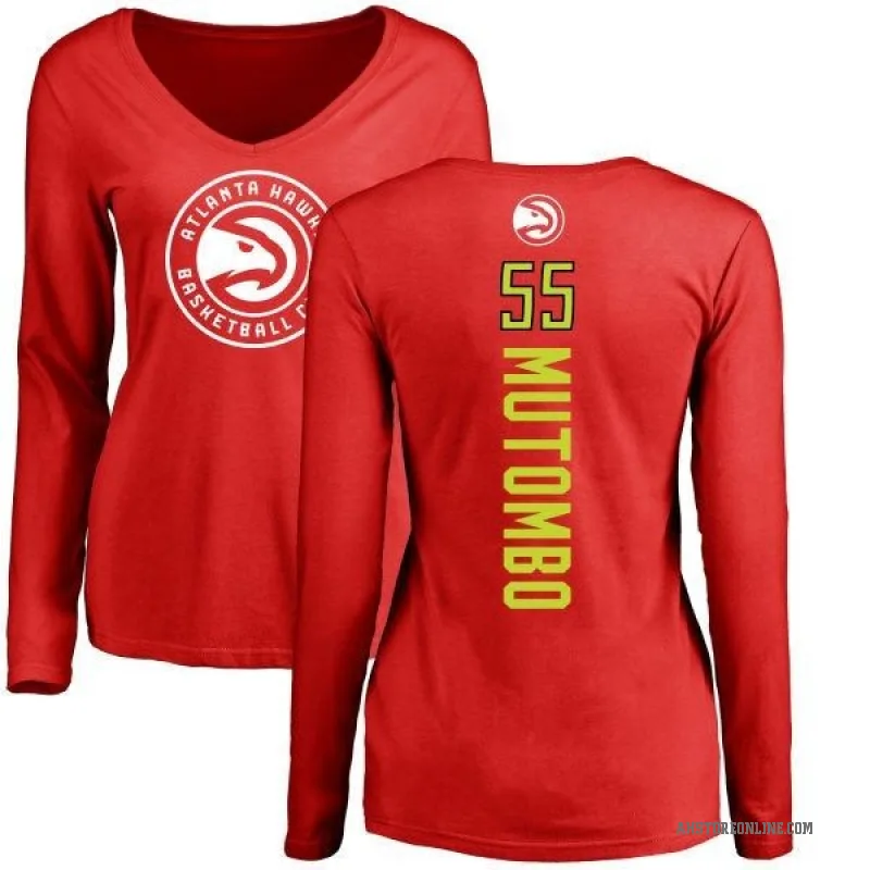 Dikembe Mutombo Women's Red Atlanta Hawks Backer Long Sleeve T-Shirt